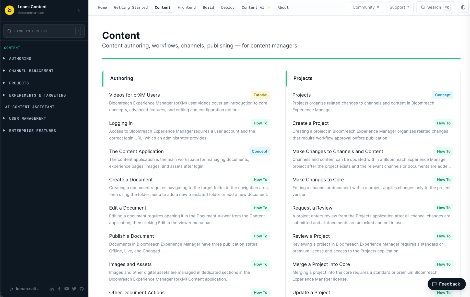 A section overview page with folder-group cards