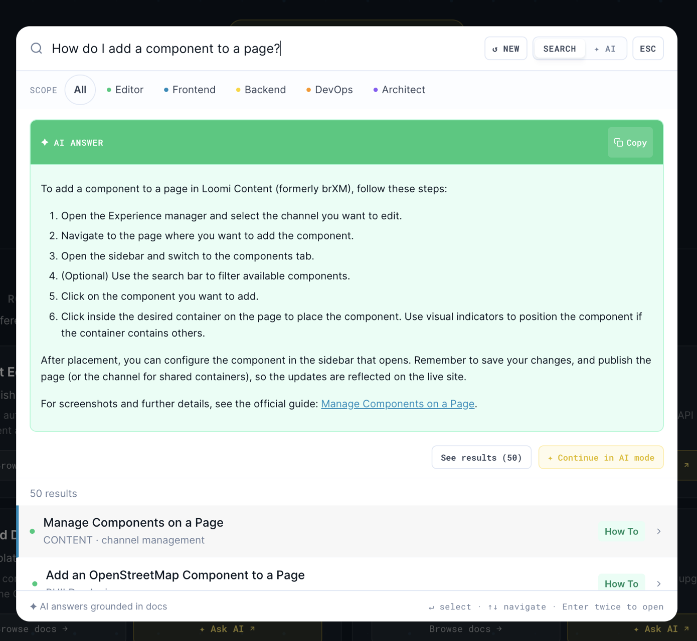 The search modal with ranked results and the AI Answer above them