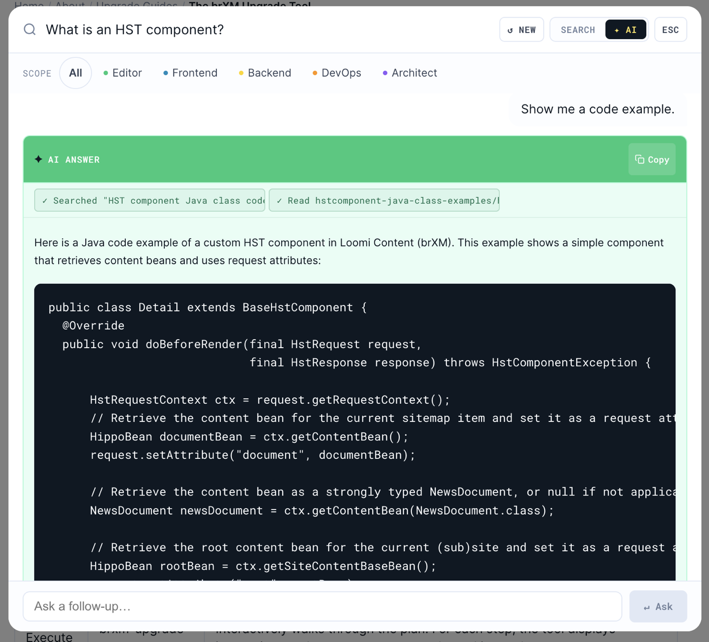 AI mode chat showing tool badges and a follow-up question