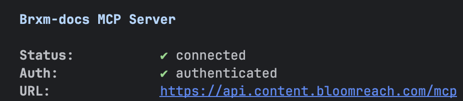 Claude Code's /mcp view: the Bloomreach docs server connected and authenticated to the production endpoint