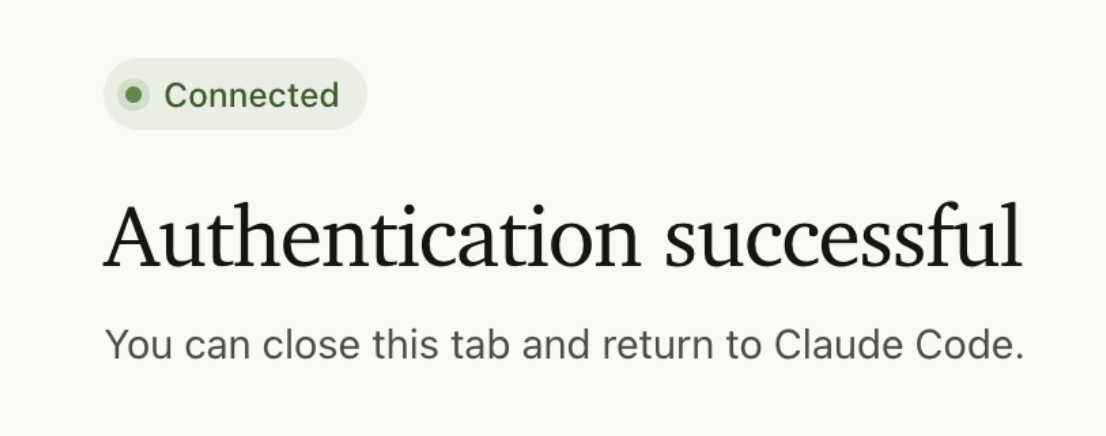 Browser page confirming authentication succeeded; you can close the tab and return to Claude Code