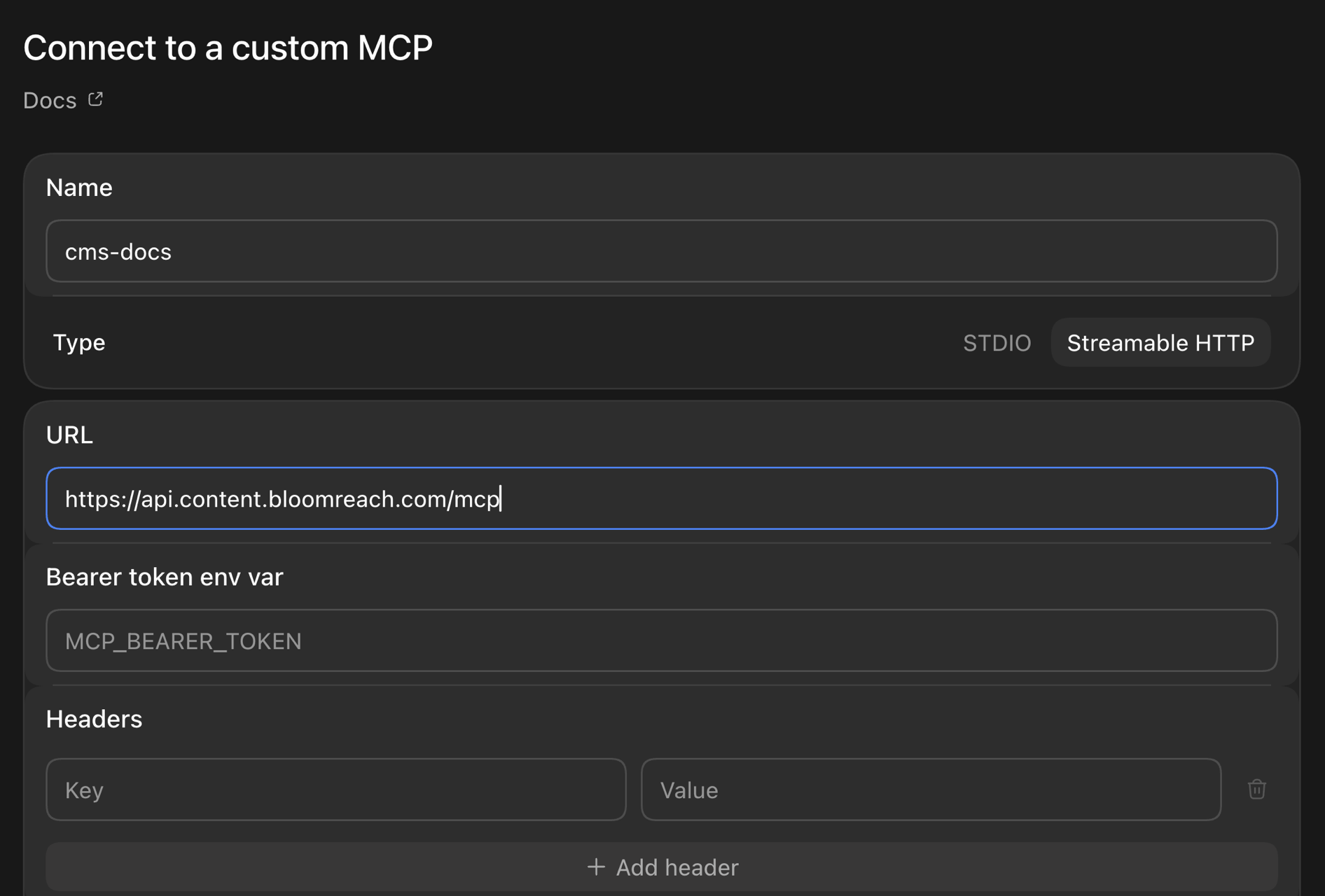 The custom MCP connector dialog with the production endpoint and Streamable HTTP transport