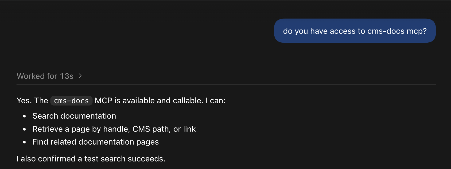 ChatGPT confirming access to the connector and listing its search and page-retrieval capabilities