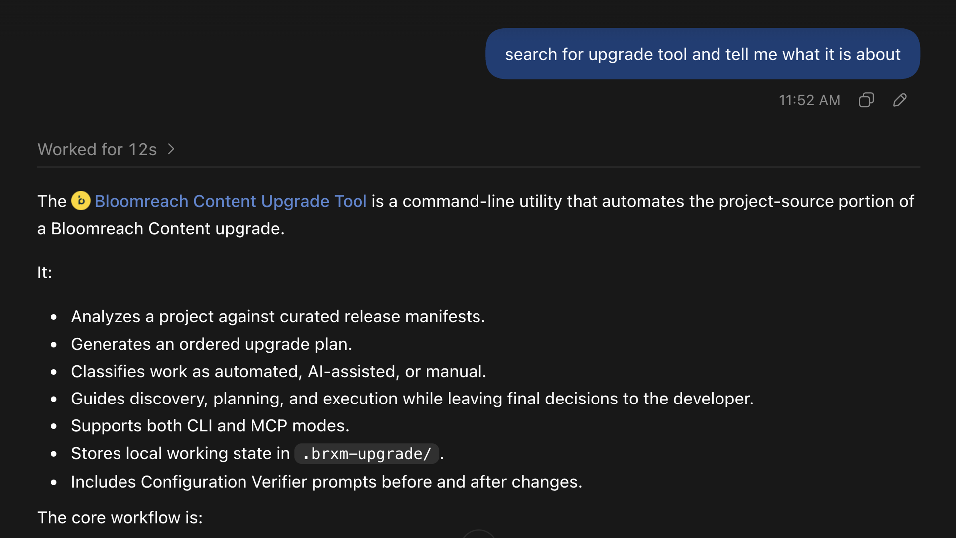ChatGPT answering a question through the MCP connector, with a grounded answer and a source link back into the documentation