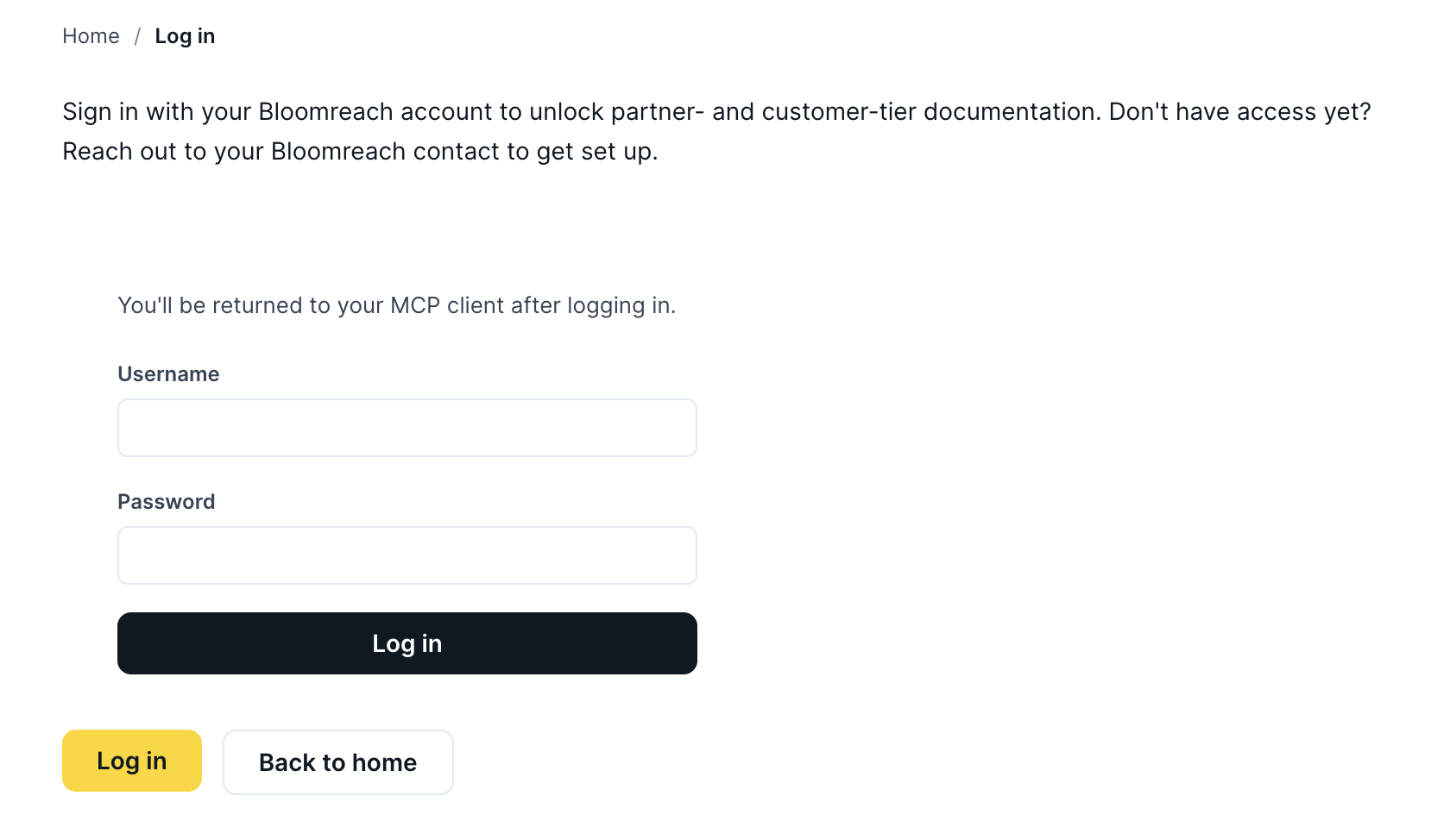 The documentation website's login page, shown when an MCP client sends you to authenticate