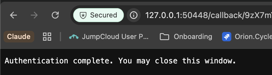 The "Authentication complete" page; you can close the tab and return to your client